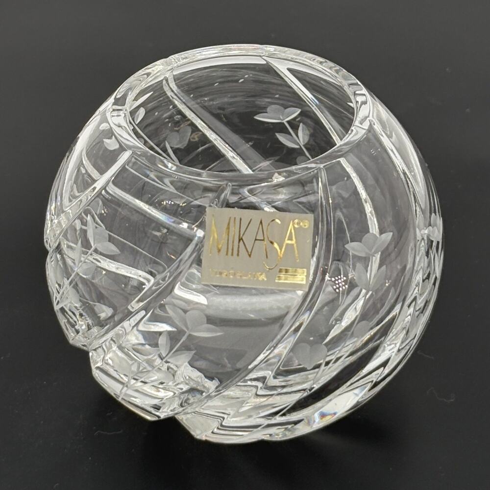 Vintage Mikasa Crystal Rose Bowl Etched Floral Swirl Vase Yugoslavia